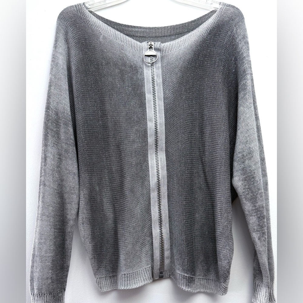 Gigi Moda Elegant Women's Ombré Gray Argentina Sweater, Metallic Thread & Zipper